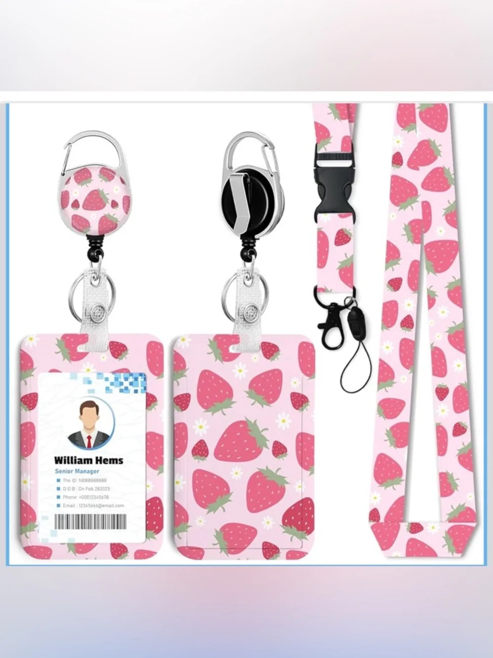 Strawberry Badge Holder w/Breakaway Lanyard & Retractable Rotating Keychain-NEW